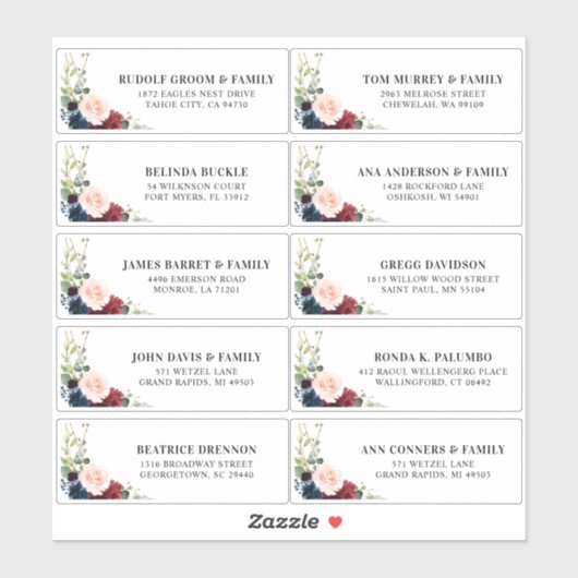 Bourgogne Navy Blush Bloemen Geometrisch Adreslabe Sticker (Vel)