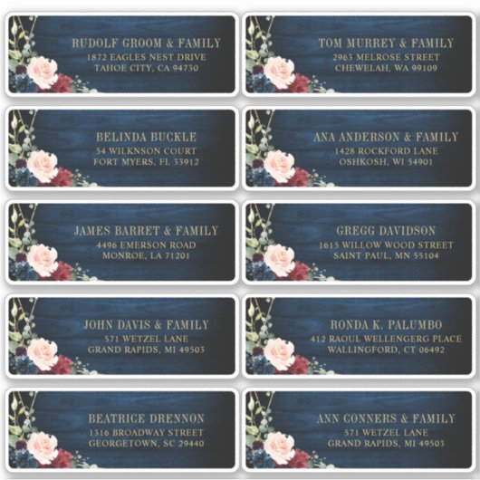 Bourgogne Navy Blush Bloemen Geometrisch Adreslabe Sticker (Voorkant)