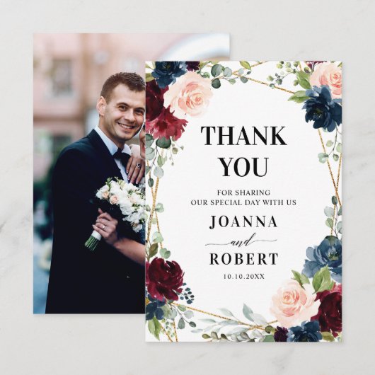 Bourgogne Navy Blush Bloemen Geometrische Foto Bedankkaart (Voorkant / Achterkant)