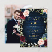 Bourgogne Navy Blush Bloemen Geometrische Foto Bedankkaart (Voorkant / Achterkant)