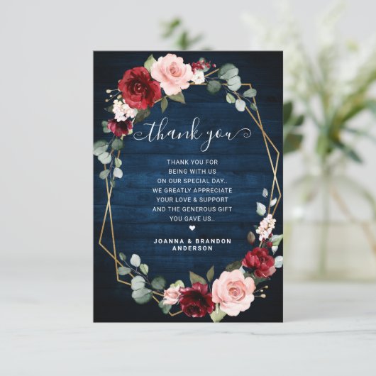 Bourgogne Navy Blush Bloemen Geometrische foto bru Bedankkaart (Staand voorkant)