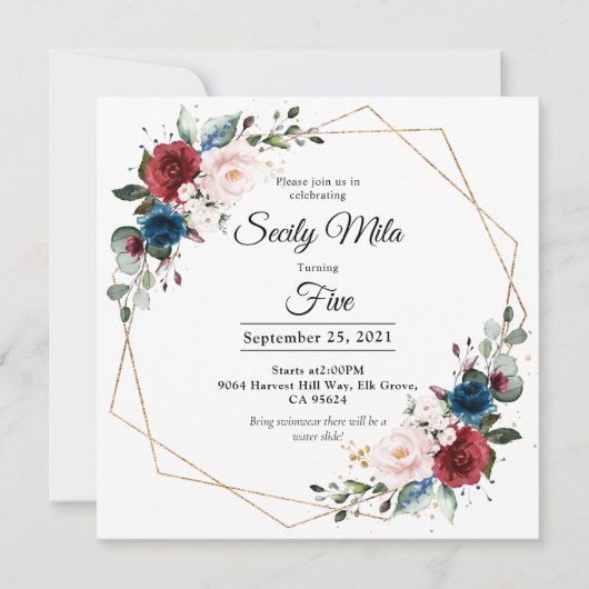 Bourgogne Navy Blush Bloemen Goud Geometrische Ver Kaart (Voorkant)