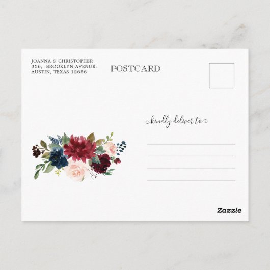 Bourgogne Navy Blush Bloemen Verander de datum Briefkaart (Achterkant)
