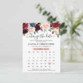 Bourgogne Navy Blush Bloemen Verander de datum Briefkaart (Staand voorkant)