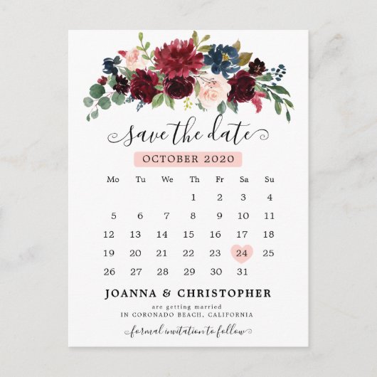 Bourgogne Navy Blush Floral Save the Date Briefkaart (Voorkant)
