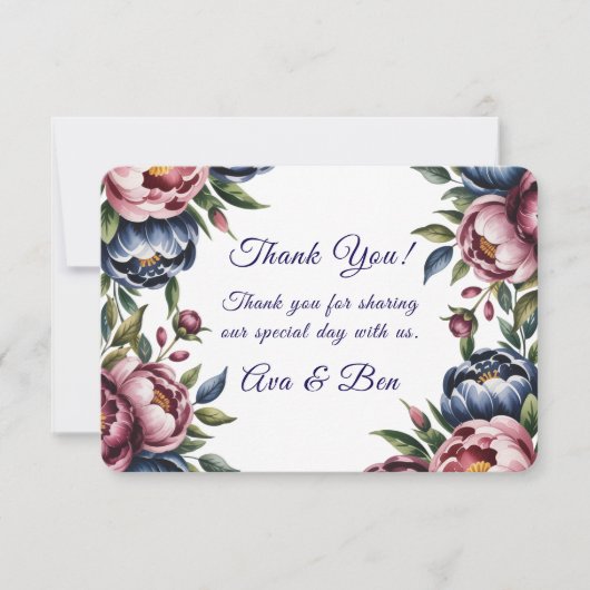 Bourgogne Navy Blush Peony Wedding Bedankkaart (Voorkant)