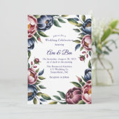 Bourgogne Navy Blush Peony Wedding Kaart (Staand voorkant)