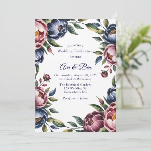 Bourgogne Navy Blush Peony Wedding Kaart (Staand voorkant)