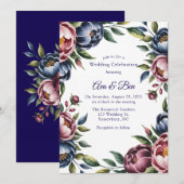 Bourgogne Navy Blush Peony Wedding Kaart (Voorkant / Achterkant)