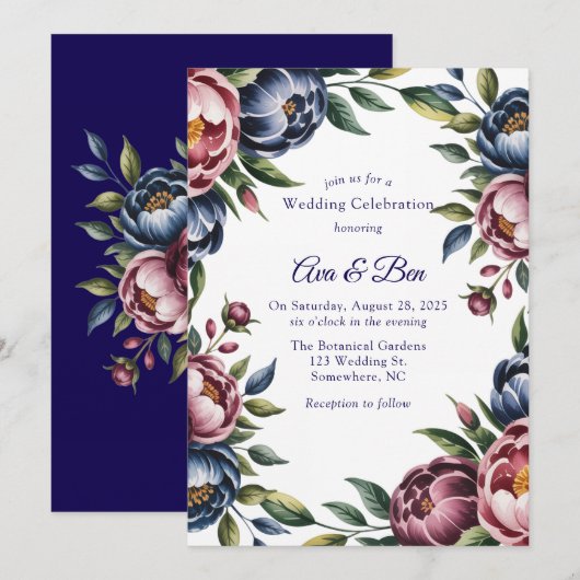 Bourgogne Navy Blush Peony Wedding Kaart (Voorkant / Achterkant)
