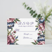 Bourgogne Navy Blush Peony Wedding RSVP Kaartje (Staand voorkant)