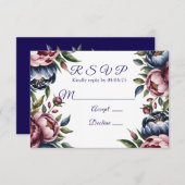 Bourgogne Navy Blush Peony Wedding RSVP Kaartje (Voorkant / Achterkant)