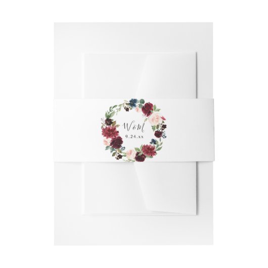 Bourgogne & Navy Blush Roze Bloemen 4 Uitnodiging Uitnodigingen Wikkel (Voorkant Voorbeeld)