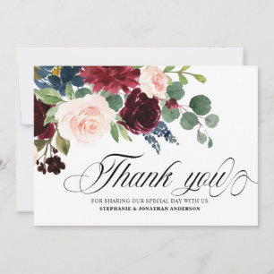Bourgogne Navy Blush Roze Bloemen Botanisch Bedankkaart