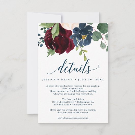 Bourgogne Navy bruiloft Details Kaart (Voorkant)