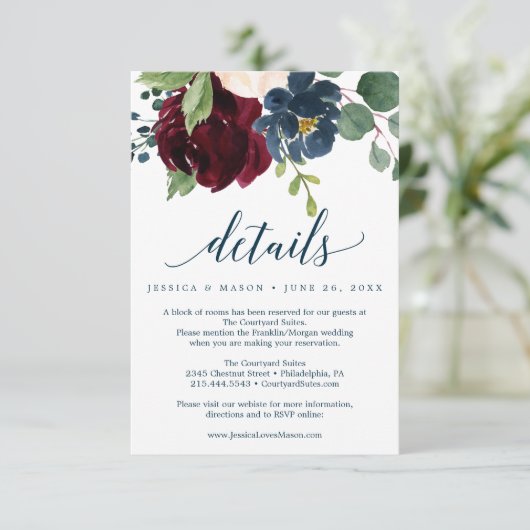 Bourgogne Navy bruiloft Details Kaart (Staand voorkant)