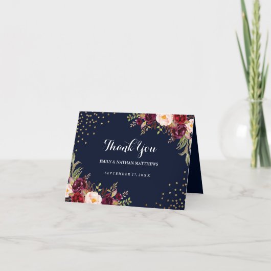 Bourgogne Navy Confetti Bloemenbruiloft Dank u Bedankkaart (Voorkant)