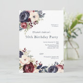 Bourgogne Navy Cream Bloemen Waterverf 50 Verjaard Kaart (Staand voorkant)