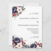 Bourgogne Navy Cream Bloemen Waterverf Bruiloft Kaart (Voorkant)