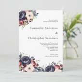 Bourgogne Navy Cream Bloemen Waterverf Bruiloft Kaart (Staand voorkant)