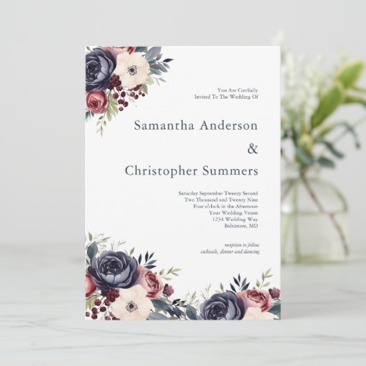 Bourgogne Navy Cream Bloemen Waterverf Bruiloft Kaart (Staand voorkant)