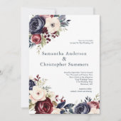 Bourgogne Navy Cream Bloemen Waterverf Bruiloft Kaart (Voorkant)