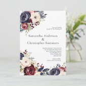 Bourgogne Navy Cream Bloemen Waterverf Bruiloft Kaart (Staand voorkant)