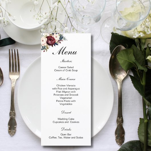 Bourgogne Navy Cream Floral Botanische bruiloft Menu