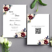 Bourgogne Navy Cream Floral Elegant Modern QR-code Save The Date