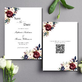 Bourgogne Navy Cream Floral Elegant Modern QR-code Save The Date