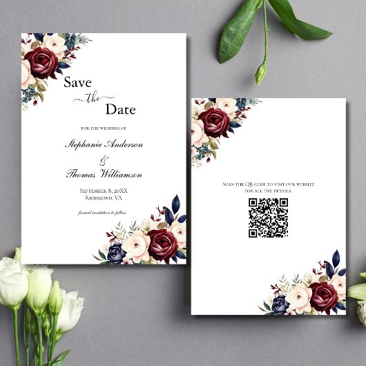 Bourgogne Navy Cream Floral Elegant Modern QR-code Save The Date