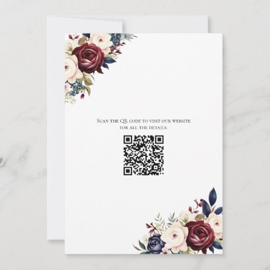 Bourgogne Navy Cream Floral Elegant Modern QR-code Save The Date (Achterkant)