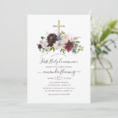 Bourgogne, Navy en Blush Floral Heilige Communie Kaart (Staand voorkant)