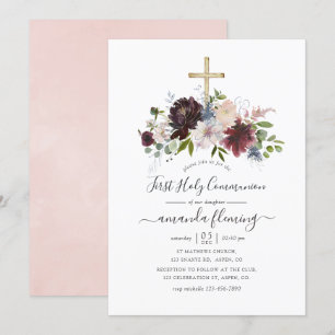 Bourgogne, Navy en Blush Floral Heilige Communie Kaart