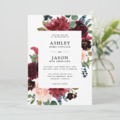 Bourgogne Navy en Blush Waterverf Bloemenbruiloft Kaart (Staand voorkant)