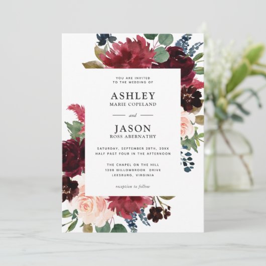 Bourgogne Navy en Blush Waterverf Bloemenbruiloft Kaart (Staand voorkant)