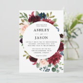 Bourgogne Navy en Blush Waterverf Bloemenbruiloft Kaart (Staand voorkant)