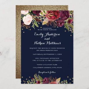 Bourgogne Navy Floral Confetti bruiloft uitnodigin Kaart