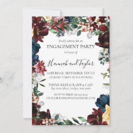 Bourgogne Navy Floral Engagement Party Uitnodiging