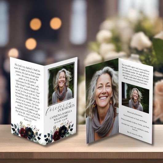 Bourgogne Navy Floral Folding Memorial Prayer Kaar Visitekaartje