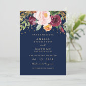 Bourgogne Navy Floral Glitter Save the Date (Staand voorkant)