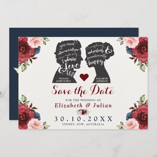  Bourgogne Navy Floral Quotes Save the Date Kaart (Voorkant / Achterkant)