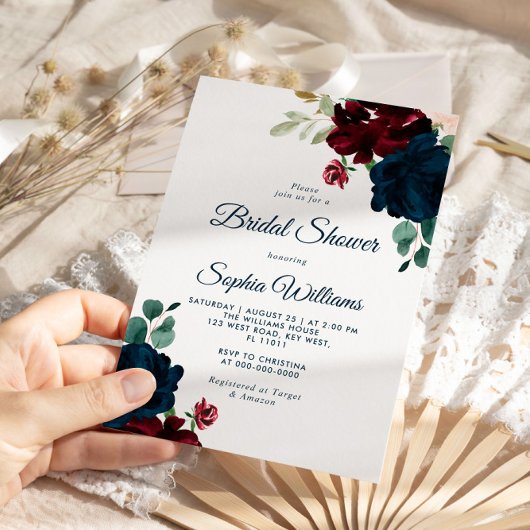 Bourgogne & Navy Flowers Rustiek Hout Vrijgezellen Kaart