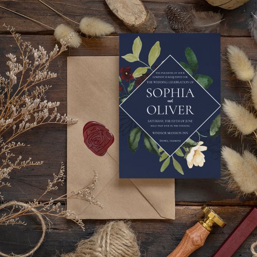 Bourgogne Navy Geometrisch Bloemen Lijst Bruiloft Kaart