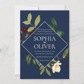 Bourgogne Navy Geometrisch Bloemen Lijst Bruiloft Kaart (Voorkant)