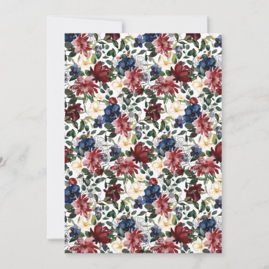 Bourgogne Navy Geometrisch Bloemen Lijst Bruiloft Kaart (Achterkant)