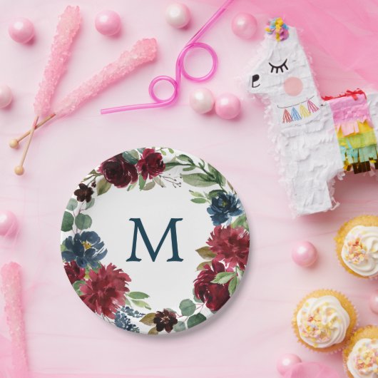 Bourgogne Navy Monogram Papieren Borden Papieren Bordje (Feest)