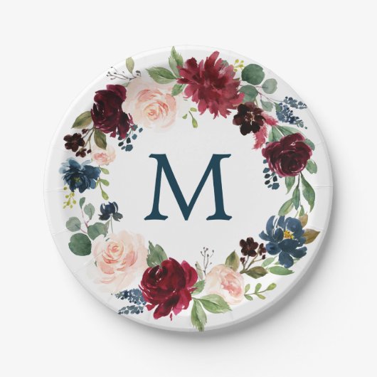 Bourgogne Navy Monogram Vrijgezellenfeest Papier B Papieren Bordje (Voorkant)