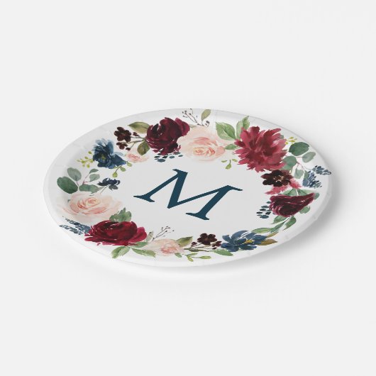 Bourgogne Navy Monogram Vrijgezellenfeest Papier B Papieren Bordje (Gekanteld)