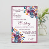 Bourgogne Navy Mosterd Waterverf Bloemen Wedding Kaart (Staand voorkant)